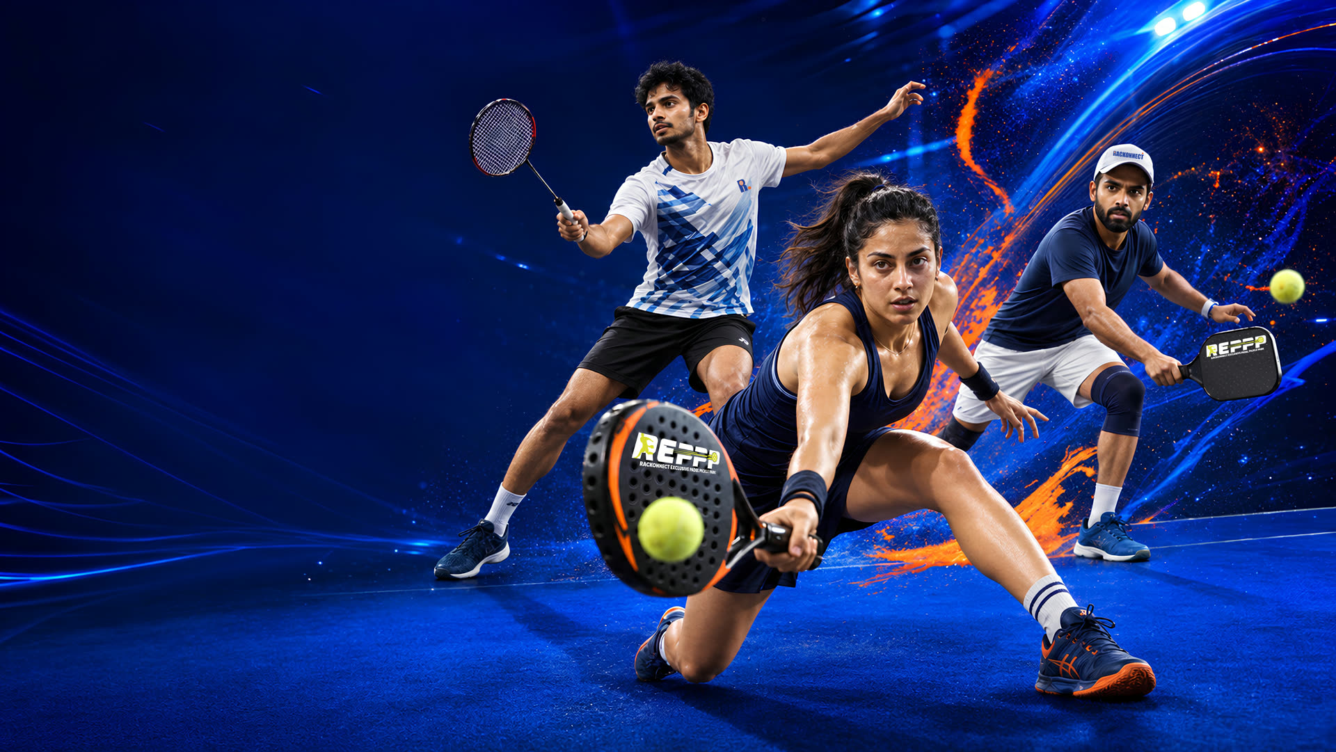 Badminton, padel and pickleball players on court