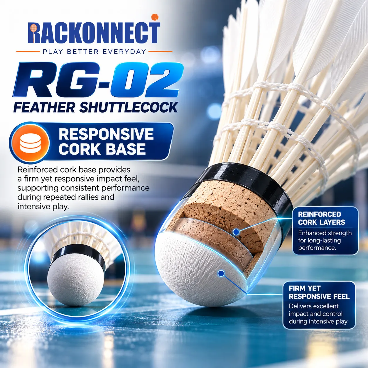 Rackonnect RG-02 feather shuttlecock with a responsive reinforced cork base