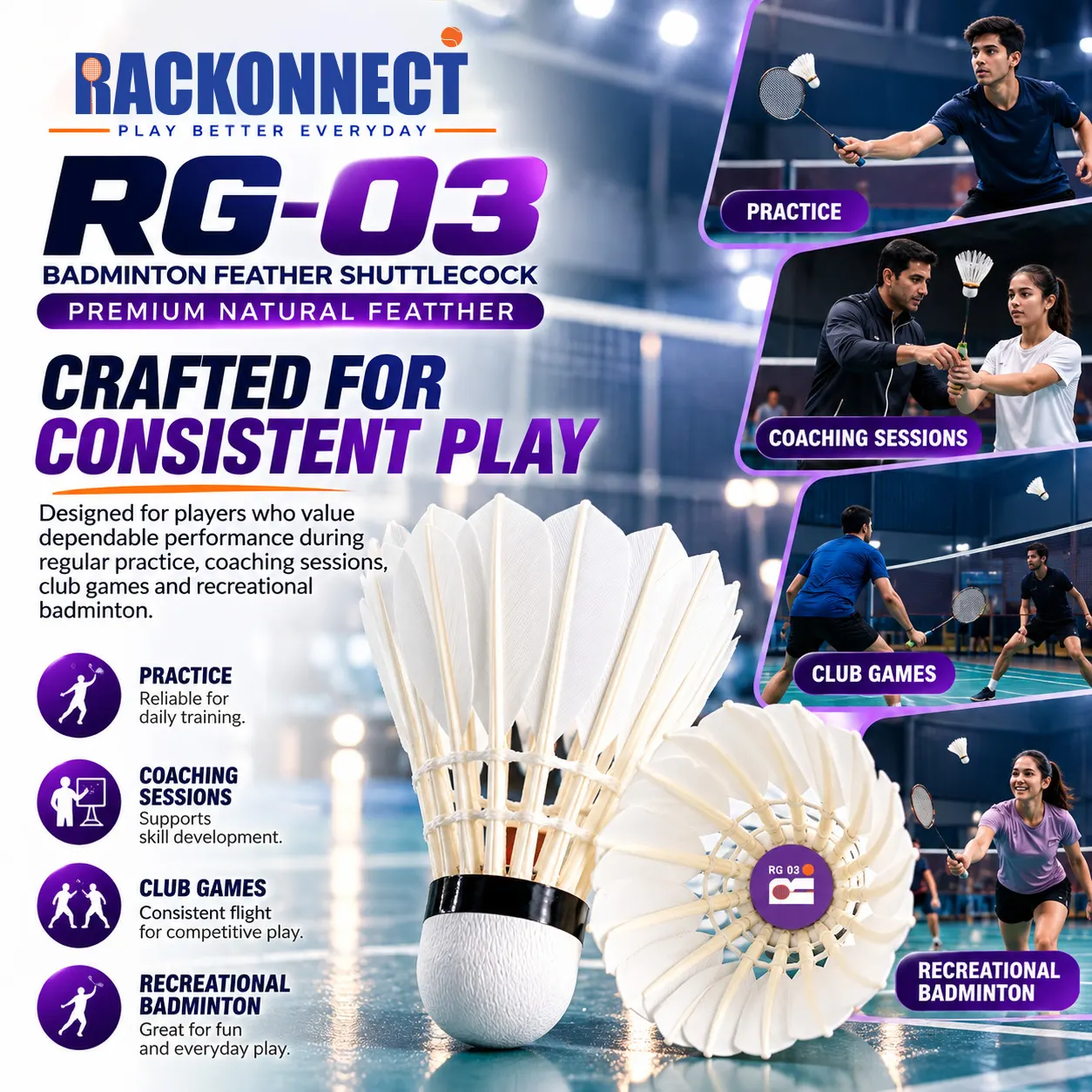 Rackonnect RG-03 badminton feather shuttlecock, crafted for consistent play