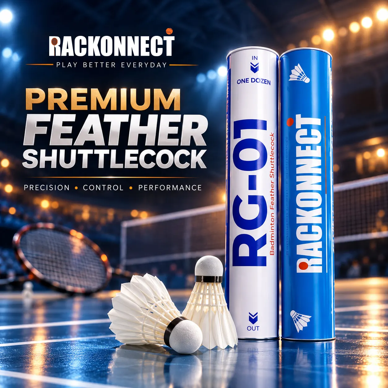 Rackonnect premium feather shuttlecocks with RG-01 and RACKONNECT branded tubes