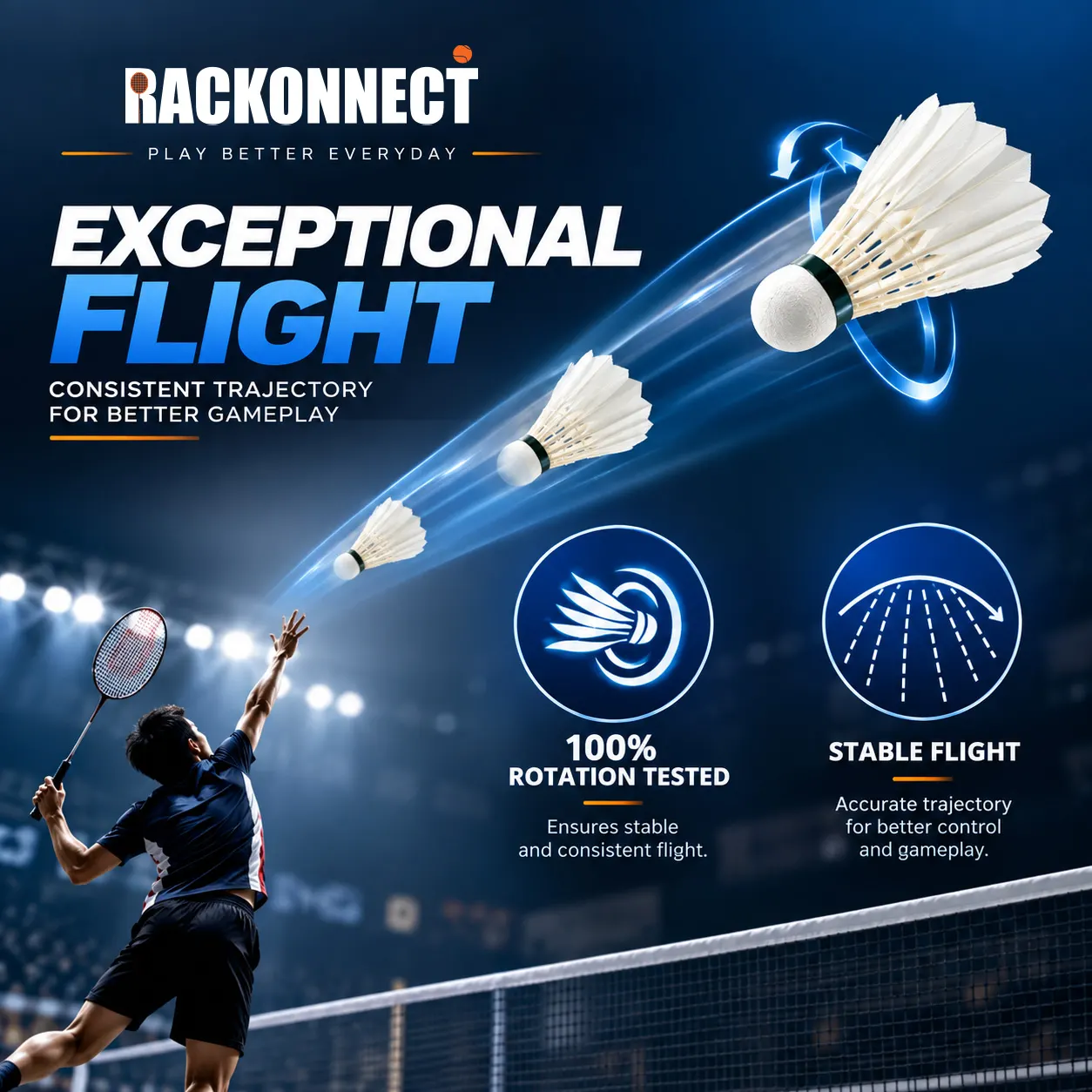 Rackonnect feather shuttlecock in flight, rotation tested for stable flight