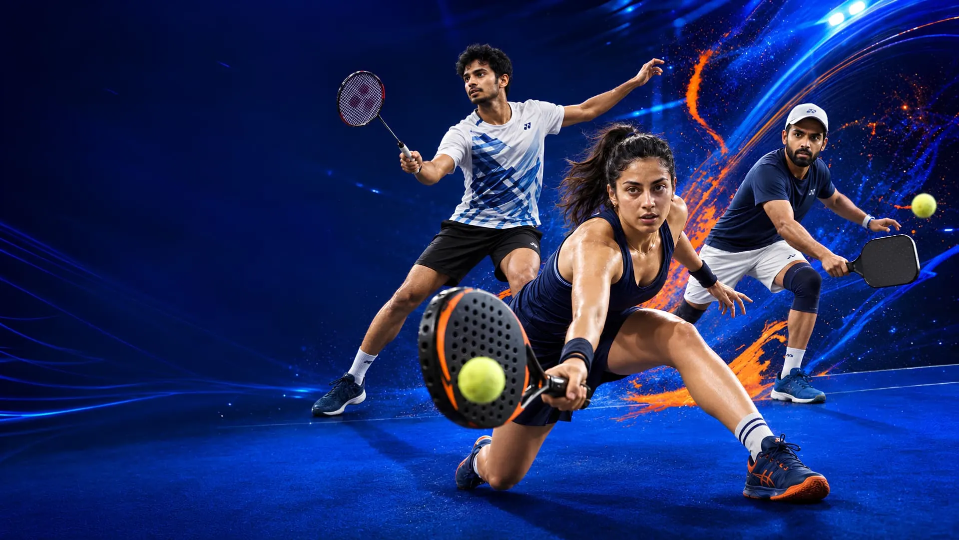 Badminton, padel and pickleball players on court