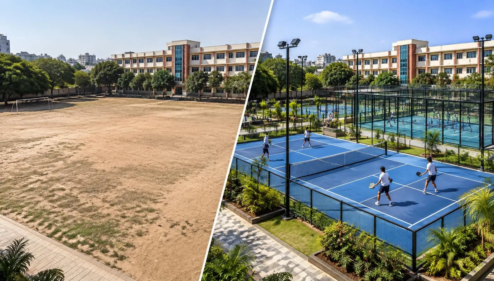 Before and after transformation of a school ground into professional racket sports courts