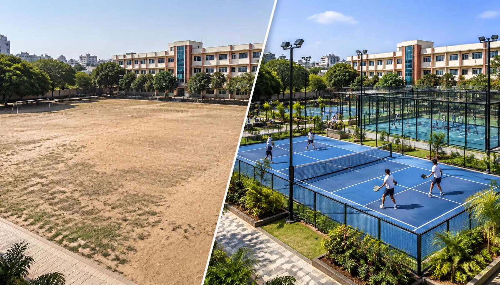 Before and after transformation of a school ground into professional racket sports courts