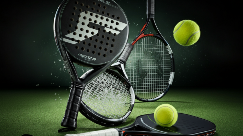 Equipment from padel, pickleball, and tennis creatively arranged on a vibrant background, showcasing elements from all three sports.