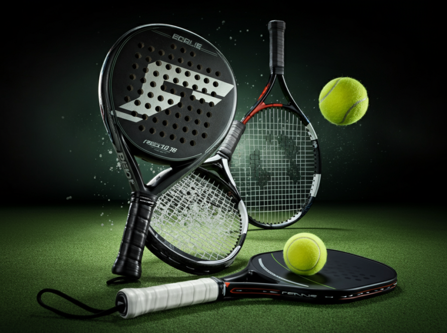 Equipment from padel, pickleball, and tennis creatively arranged on a vibrant background, showcasing elements from all three sports.