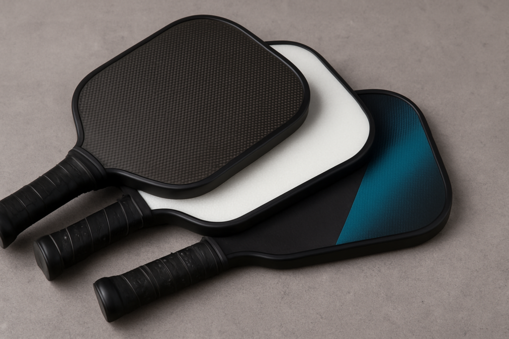Three modern pickleball paddles stacked on a gray surface