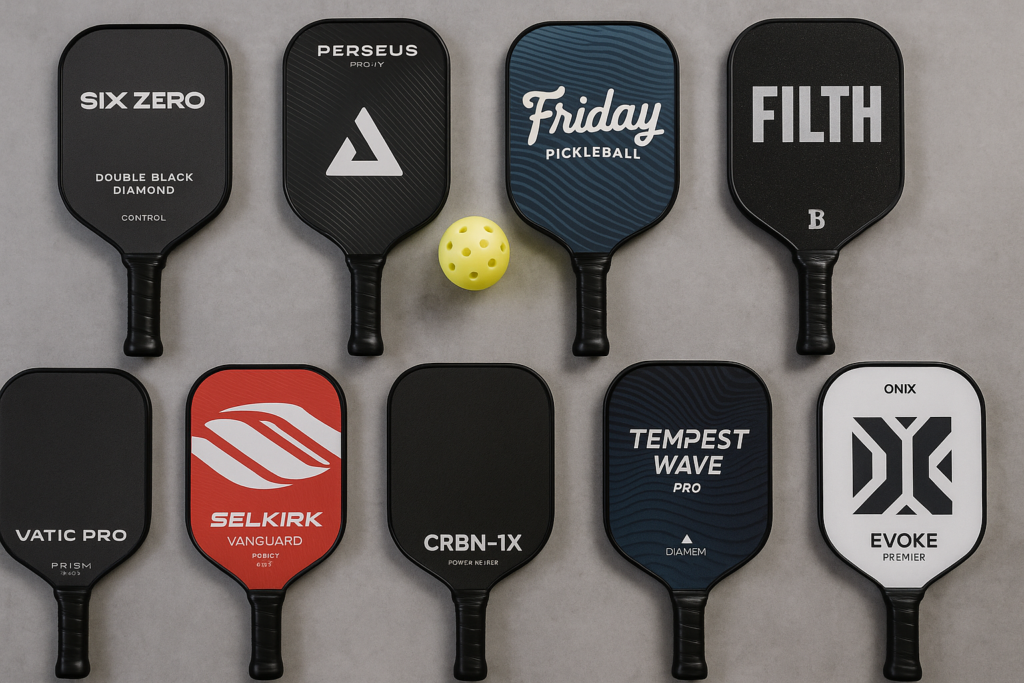 Ten pickleball paddles with a yellow ball on a gray surface