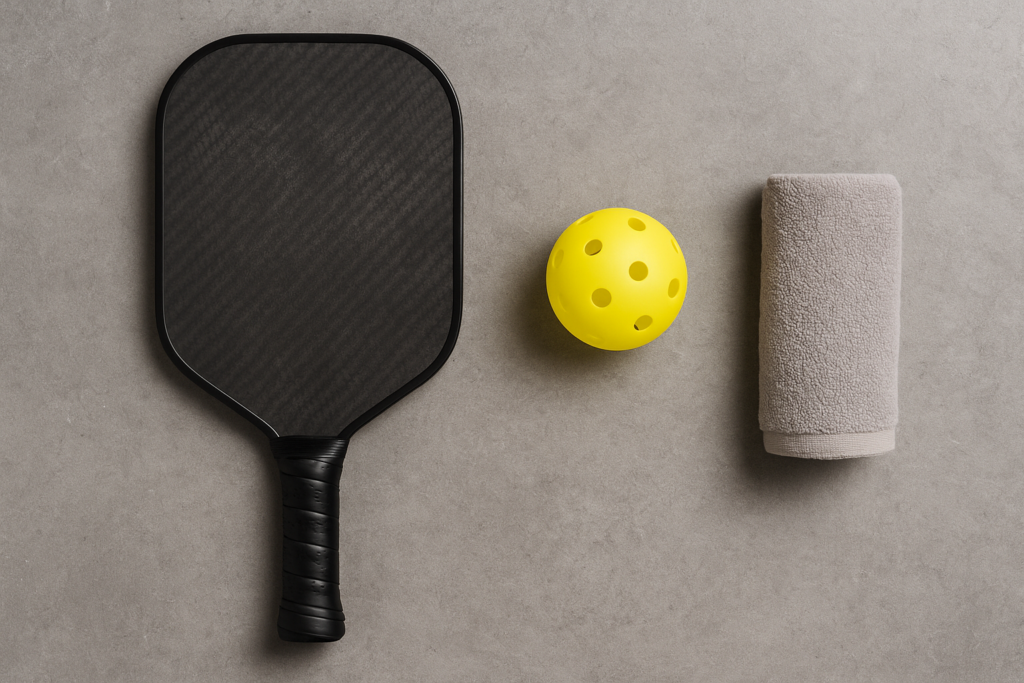 Pickleball paddle, yellow ball, and towel on a gray surface