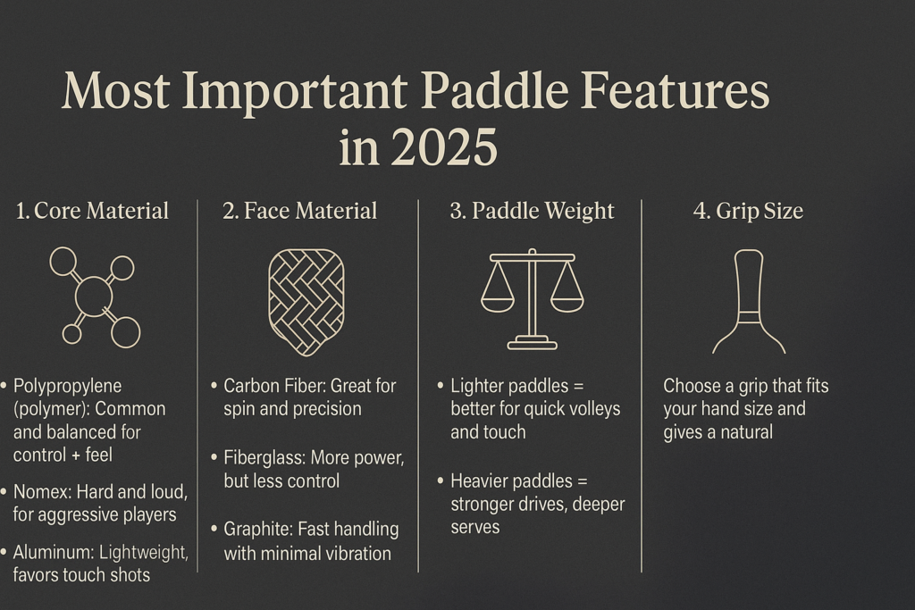 Infographic showing key pickleball paddle features in 2025