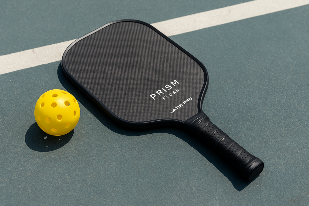 Vatic Pro PRISM Flash paddle on court beside a yellow ball, representing one of the best pickleball paddles for intermediate players.