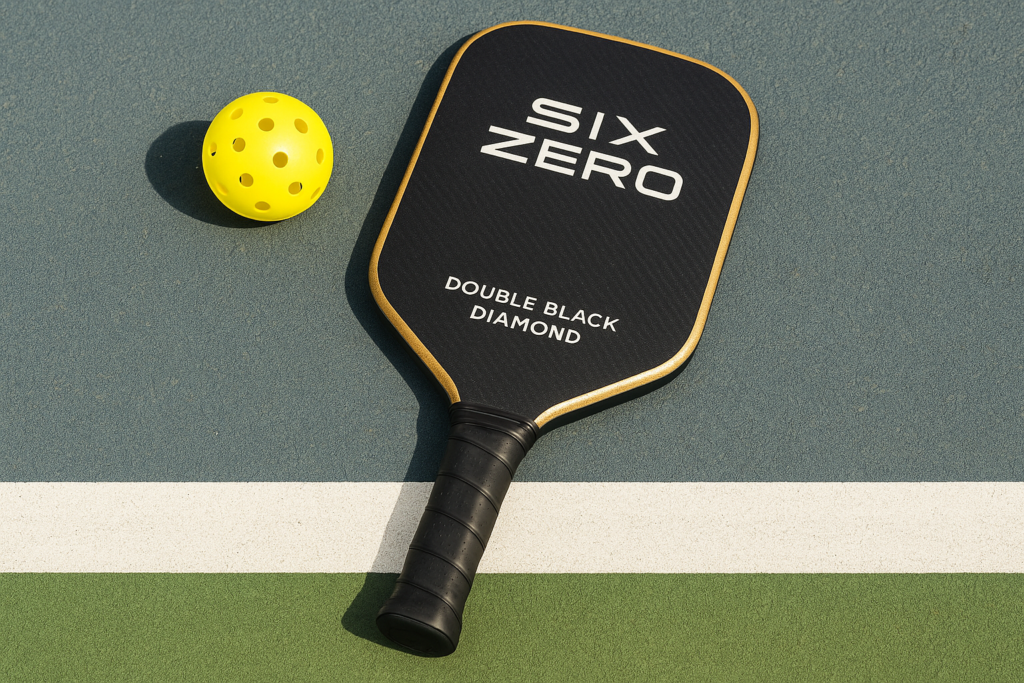 Six Zero Double Black Diamond paddle on court with ball, highlighting one of the best pickleball paddles for intermediate players.