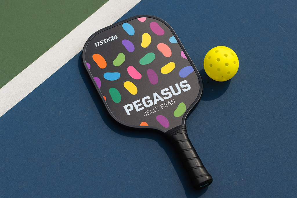 11SIX24 Pegasus Jelly Bean paddle with yellow ball on court, highlighting one of the best pickleball paddles for intermediate players.
