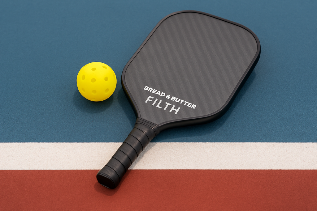 Bread & Butter Filth pickleball paddle with yellow ball on court, showcasing one of the best pickleball paddles for intermediate players.