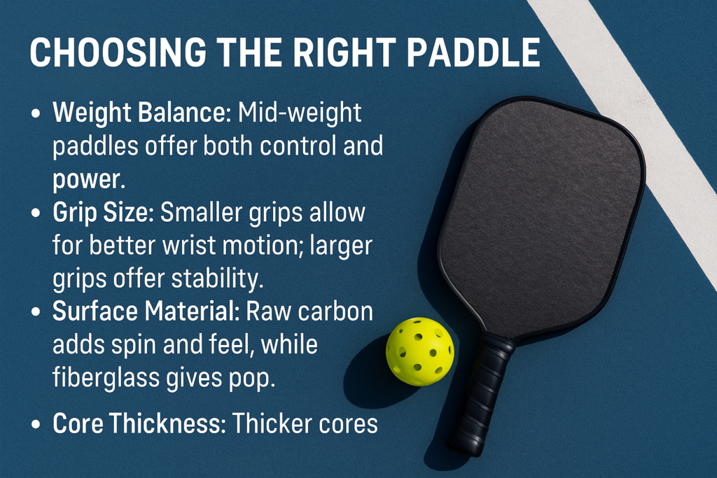 Guide to choosing the best pickleball paddles for intermediate players, featuring a paddle and ball on court with key paddle selection tips.