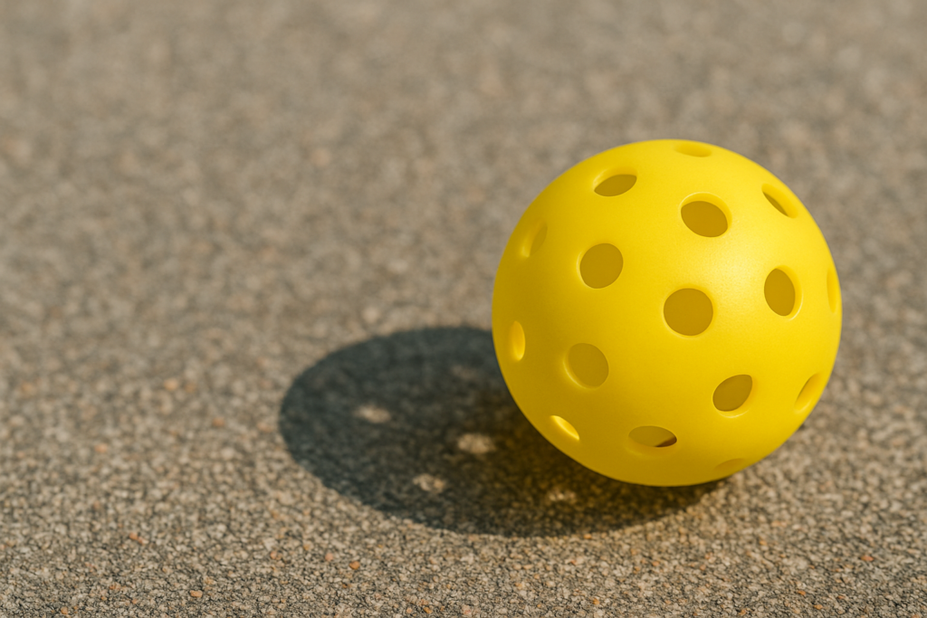 Seamless one-piece outdoor pickleball ball on asphalt court