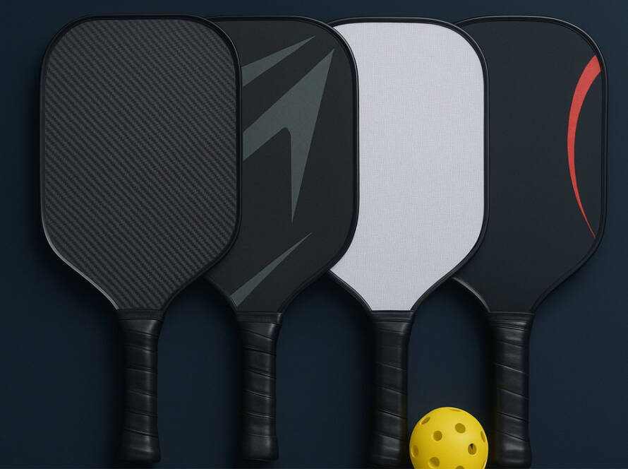 Top pickleball paddles displayed on dark background with ball