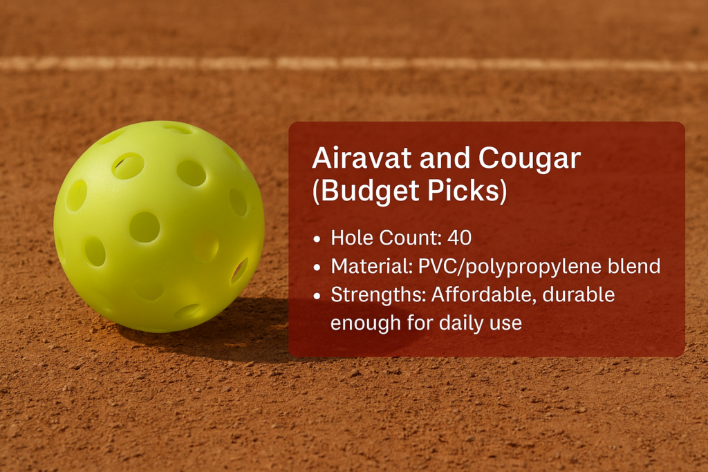 Airavat and Cougar budget pickleball on clay court with specs.