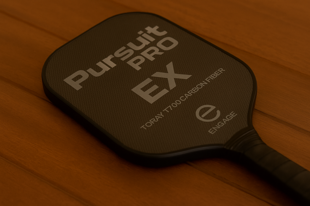Close-up of Engage Pursuit Pro EX paddle with raw carbon fiber face.