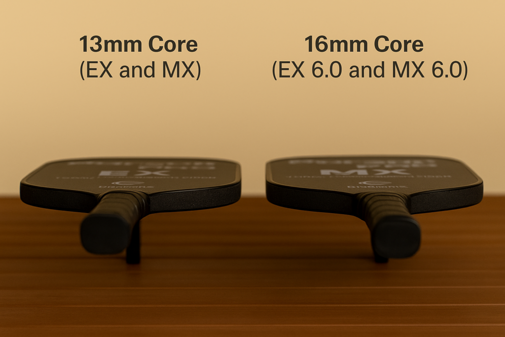 Side view of Engage paddles showing 13mm and 16mm core thickness.