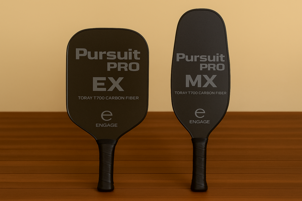Engage EX and MX pickleball paddles showing standard and elongated shapes.