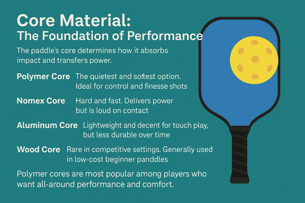 Pickleball paddle core materials infographic with descriptions