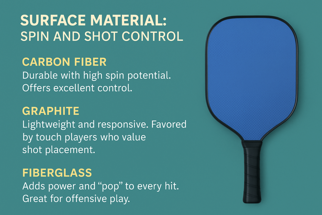 Pickleball paddle surface materials infographic with descriptions