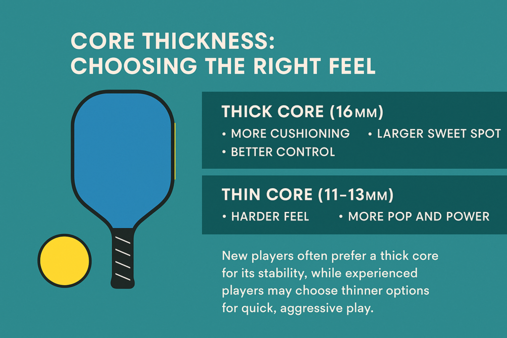 Pickleball paddle core thickness infographic with thick and thin core comparison
