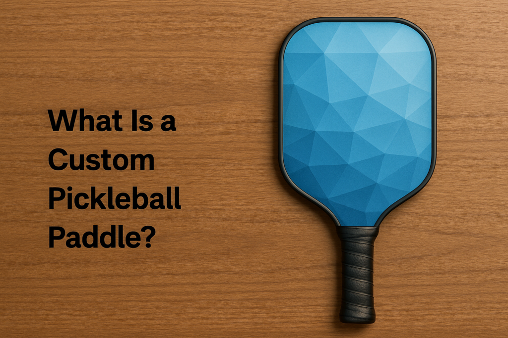 Custom pickleball paddle with blue design on wood surface and text "What Is a Custom Pickleball Paddle?