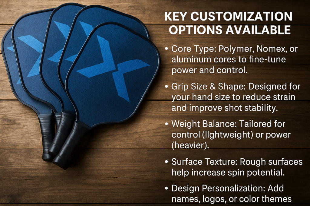 Five custom pickleball paddles with blue designs and text highlighting key customization options on wooden surface.