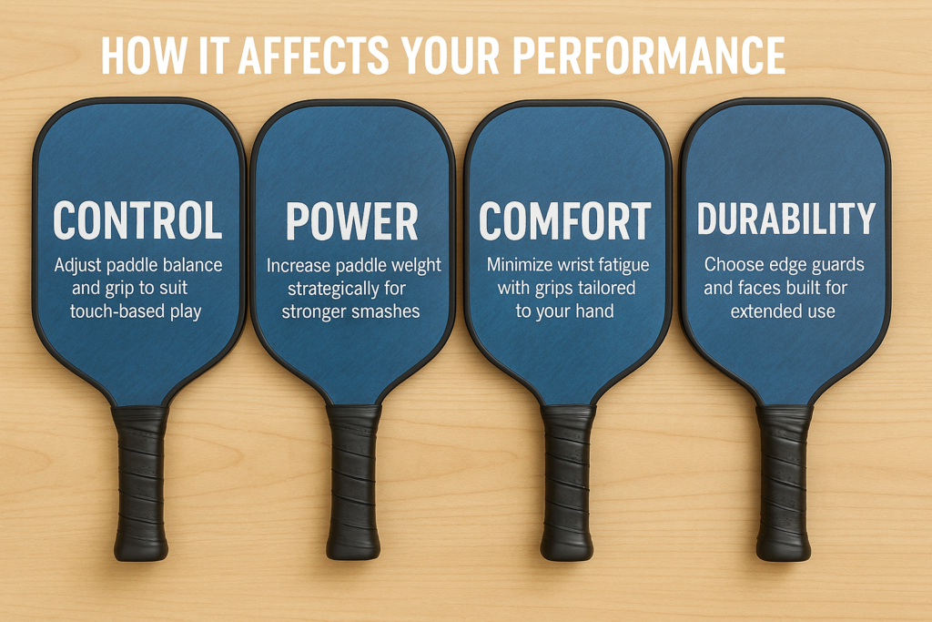 Four custom pickleball paddles labeled control, power, comfort, and durability on a wooden surface.