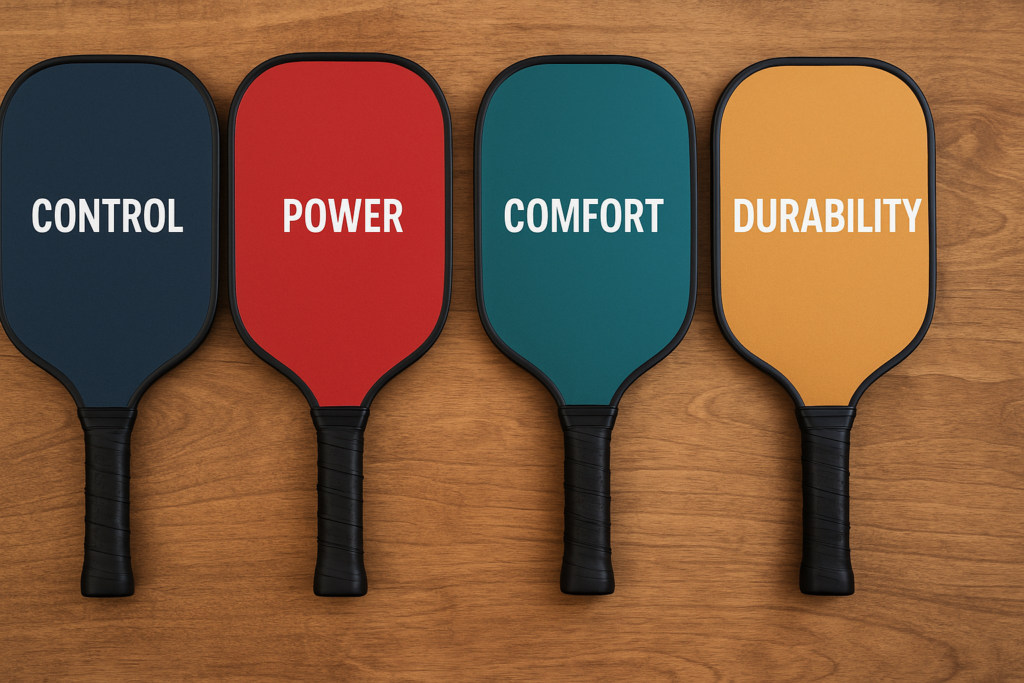 Four custom pickleball paddles labeled control, power, comfort, and durability arranged on a wooden surface.