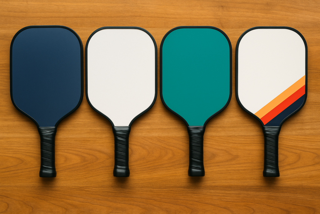 Four custom pickleball paddles with unique solid and striped designs arranged on a wooden background.