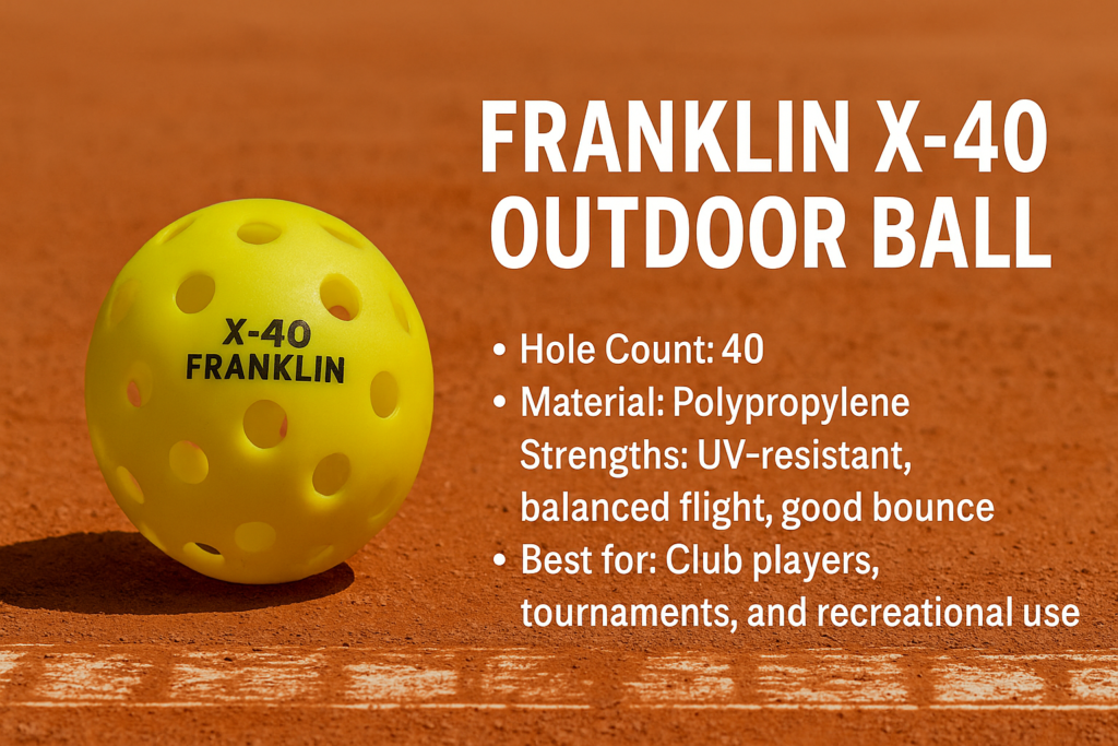 Franklin X-40 outdoor pickleball on a clay court with feature highlights.