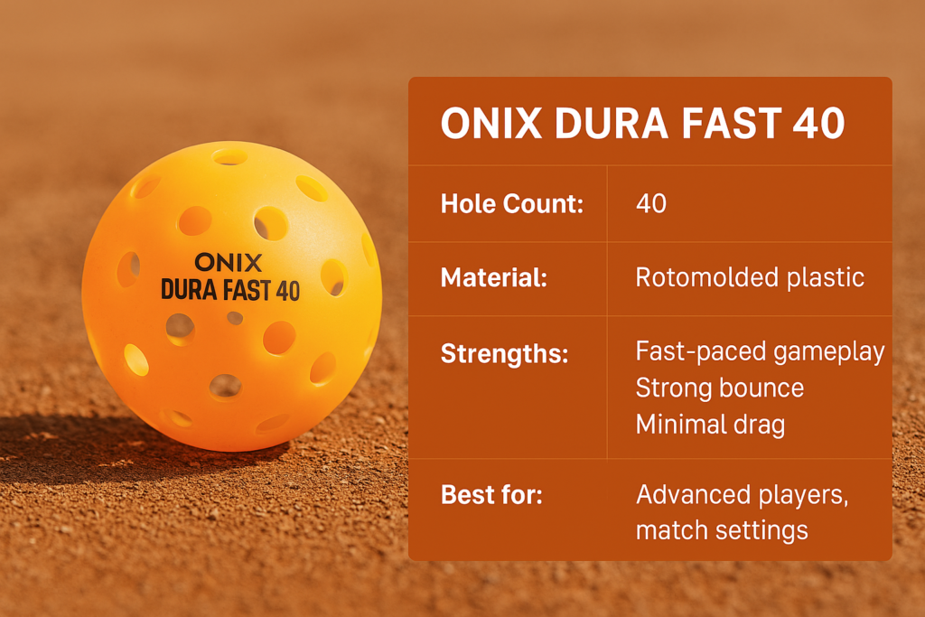 ONIX Dura Fast 40 pickleball on clay court with feature details.