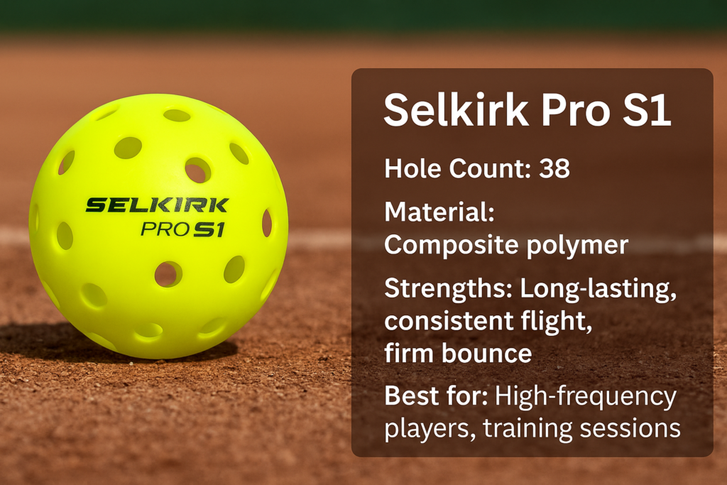 Selkirk Pro S1 pickleball on clay court with feature summary.