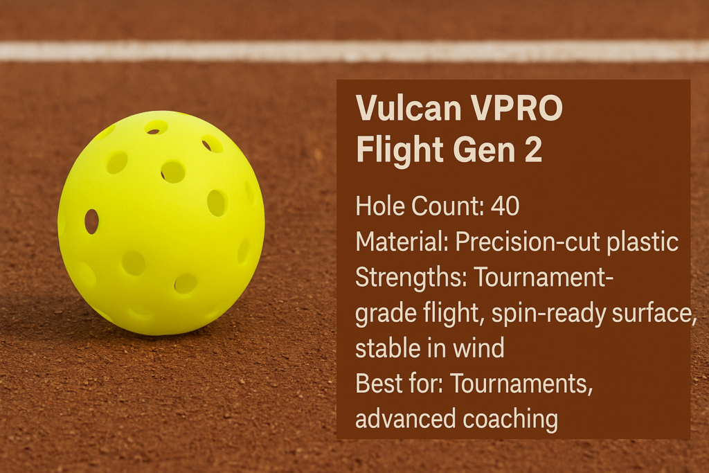 Vulcan VPRO Flight Gen 2 pickleball on clay court with specs.