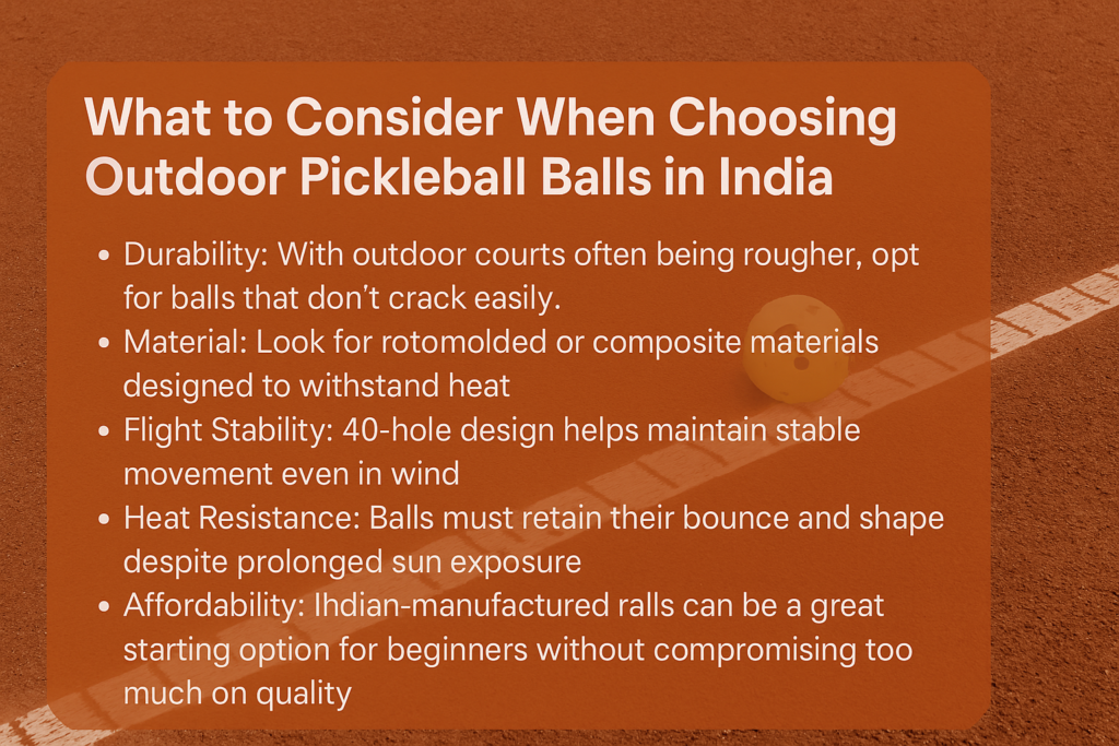 Tips for choosing outdoor pickleball balls in India on clay court.