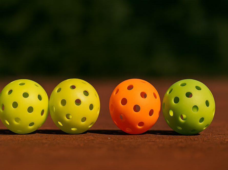 Four colorful outdoor pickleball balls on a clay court in India, showcasing the best outdoor pickleball balls for hot and dusty conditions.