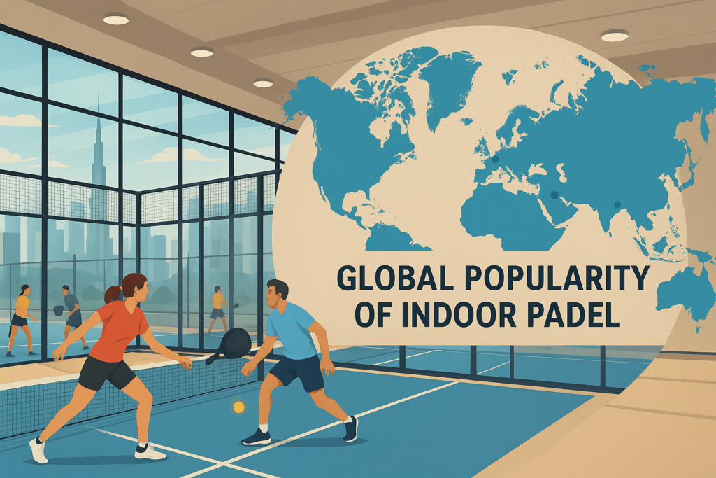 Players competing on an indoor padel court with a world map showing global popularity.