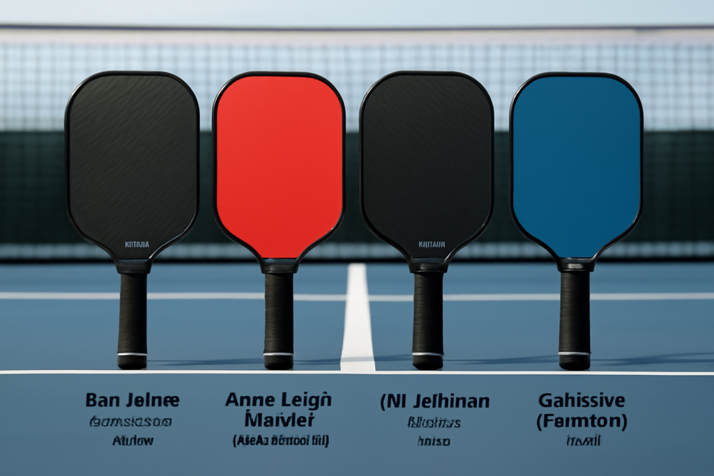 Professional pickleball paddles labeled with pro player names on a court