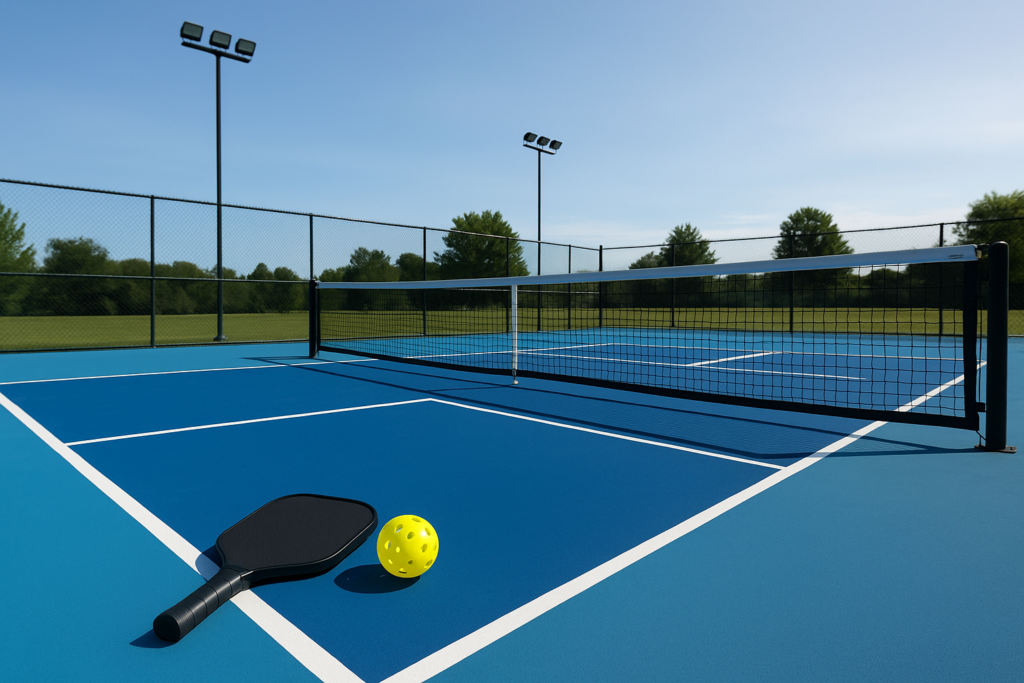 Pickleball court in India with paddle and ball on surface