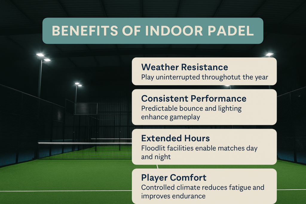 Infographic showing benefits of Indoor Padel with court background