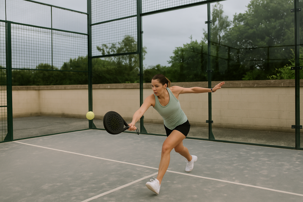 Woman playing padel on an outdoor enclosed court.