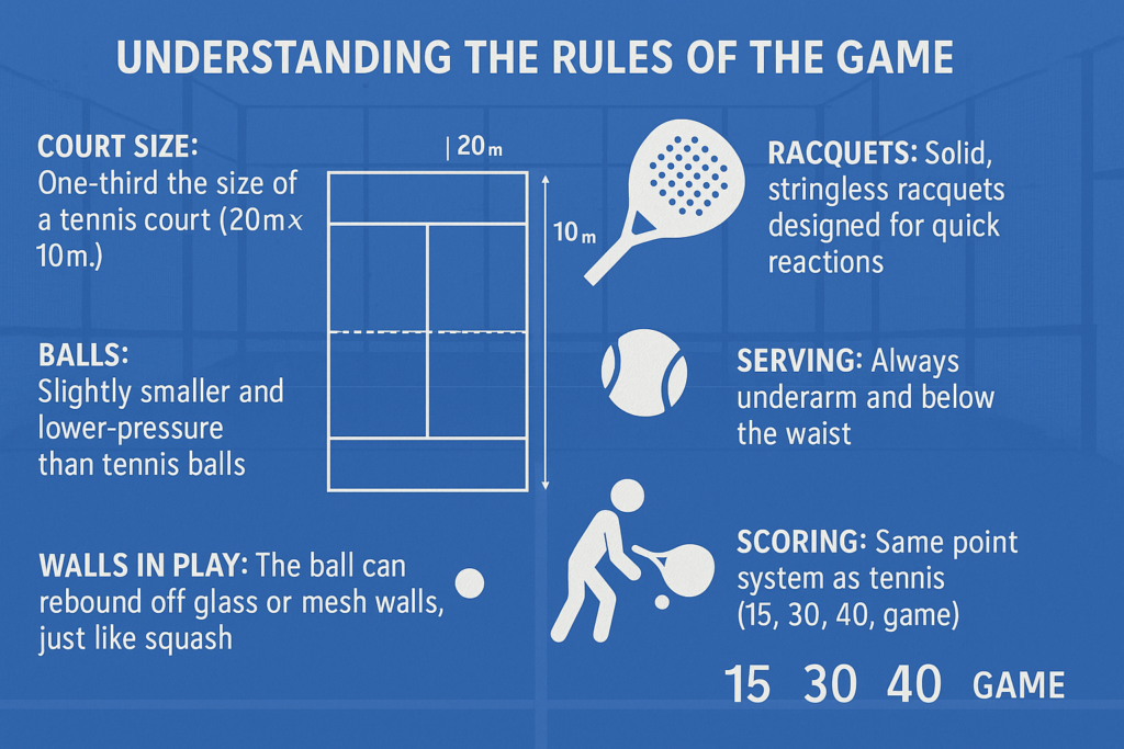 Infographic showing padel sports rules, court size, equipment, serving, and scoring.