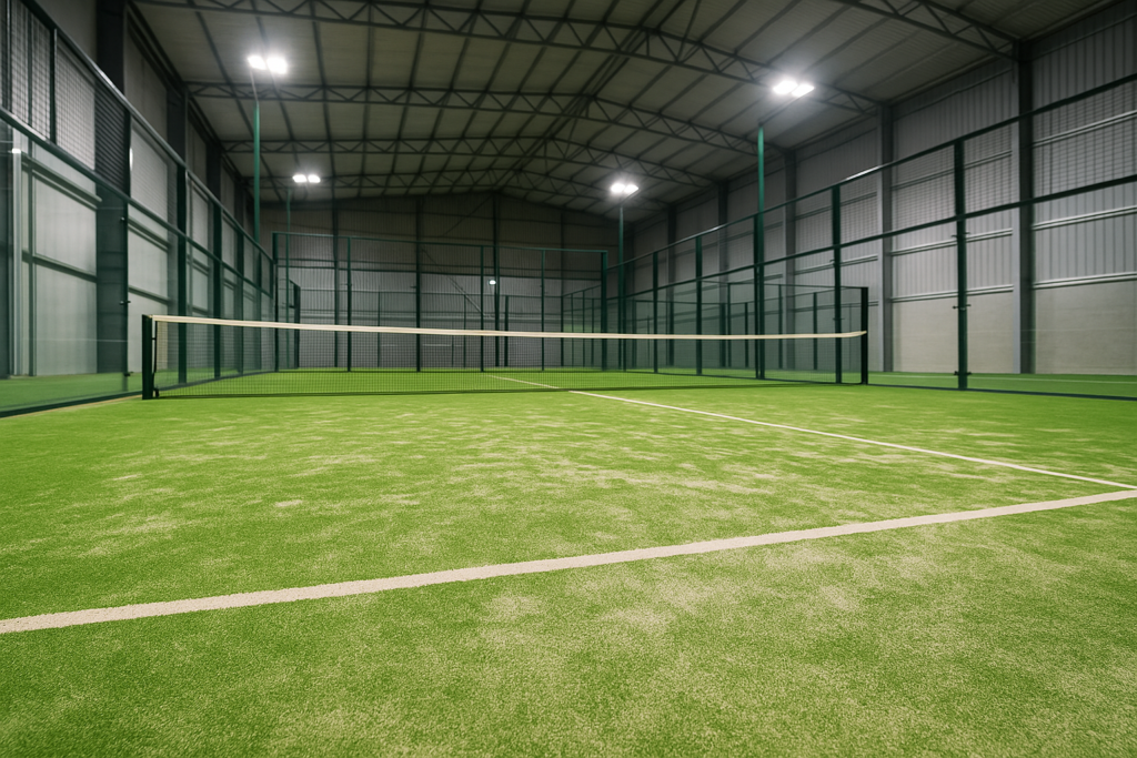Indoor Padel court with artificial turf and silica sand surface