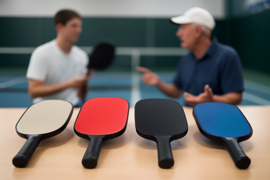 Close-up of different professional pickleball paddles at a club, with player and coach discussing choices in the background