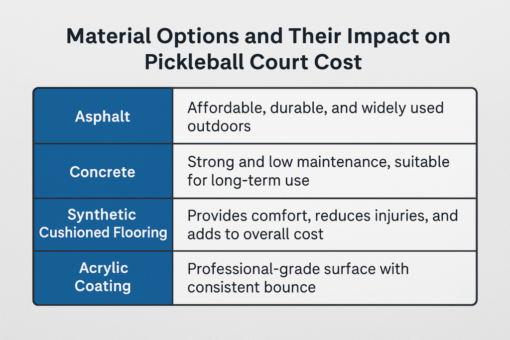 Pickleball court cost materials comparison infographic