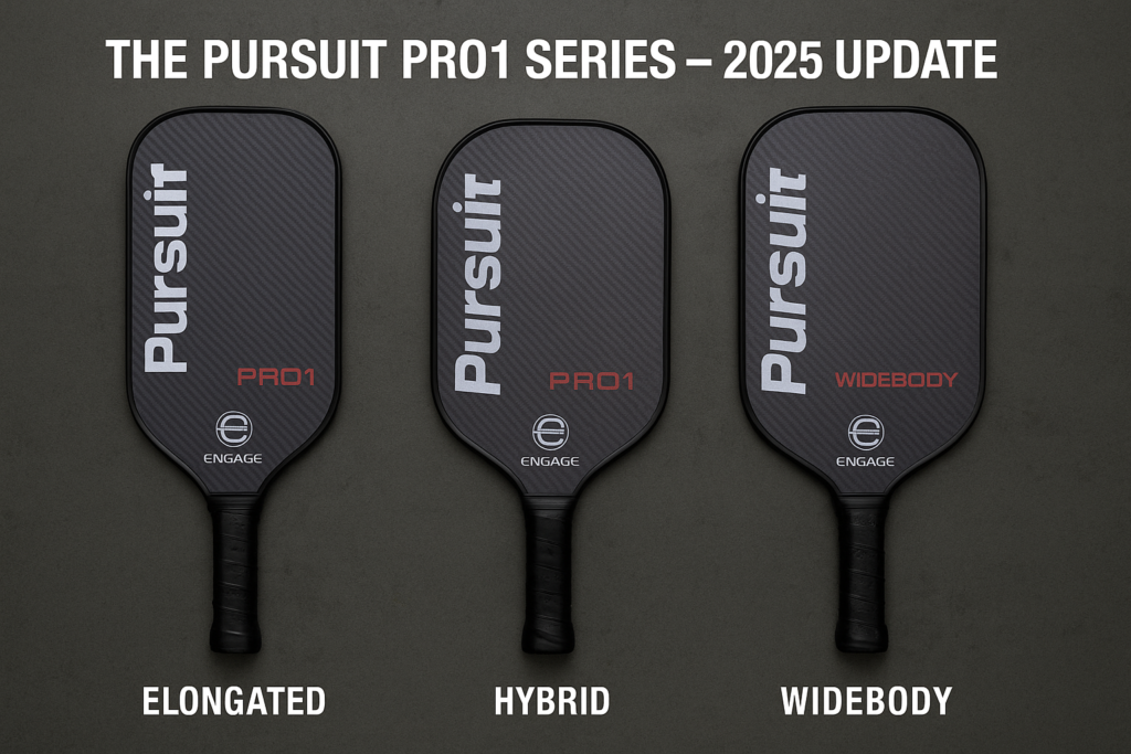 Engage Pursuit Pro1 Series paddles in Elongated, Hybrid, and Widebody shapes