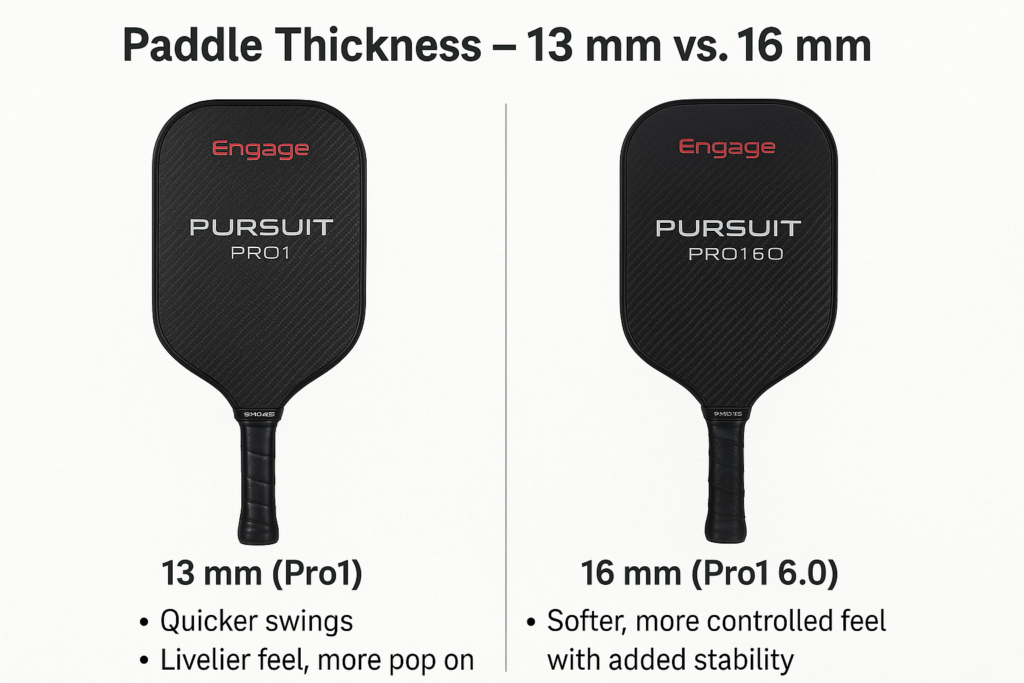 Engage Pickleball paddles comparison of 13 mm Pro1 and 16 mm Pro1 6.0 thickness